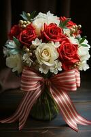 festivo ramo de flores de rojo y blanco flores con un tartán cinta foto