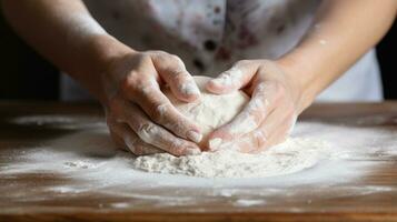 Flour-covered hands forming dough into perfect round shapes photo