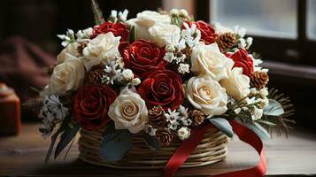 Festive bouquet of red and white flowers with a plaid ribbon photo