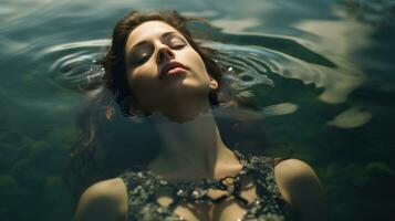 Peaceful image of a woman floating on her back in a tranquil lake photo