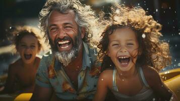 riendo familia teniendo divertido mientras montando en un plátano barco foto