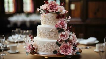 Beautifully decorated wedding cake with intricate detail photo