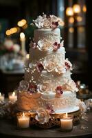 Beautifully decorated wedding cake with intricate detail photo