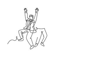 Self drawing animation of single line draw of young happy business man and business woman jumping to celebrate their successive team business. Business deal. Continuous line draw. Full length animated video