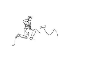 Self drawing animation of single line draw young happy worker construction and architect jumping to reach his business target together. Business team goal. Continuous line draw. Full length animated video