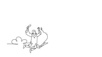 Animated self drawing continuous line draw group of young smart happy graduate male and female college student jumping and wear graduation gown. Education celebration. Full length one line animation video