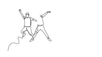 Self drawing animation of single line draw group young happy male and female college student jumping to celebrate their final exam result. Education celebration. Continuous line. Full length animated video