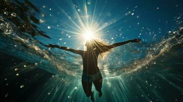 Stunning photo of a swimmer diving into a sparkling blue ocean