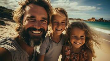 Excited family taking a group selfie on the shore photo