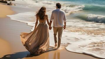 Breathtaking aerial view of the couple holding hands on a beach photo