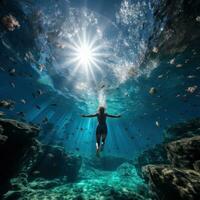 maravilloso foto de un nadador buceo dentro un espumoso azul Oceano