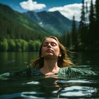 Peaceful image of a woman floating on her back in a tranquil lake photo