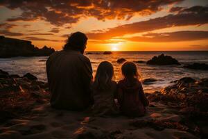 Loving family cuddling and watching the sunset on the beach photo