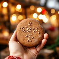 Child's hand holding a freshly baked gingerbread man cookie photo