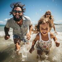 Playful family splashing and swimming in the clear blue water photo