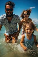 Playful family splashing and swimming in the clear blue water photo