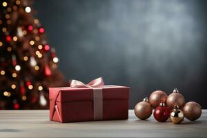 Ai Generative Background of christmas tree and red gift box on a christmas empty background with copy space photo