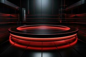 Ai Generated photo red light round podium and black background for mock up realistic image