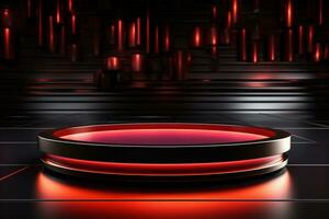 Ai Generated photo red light round podium and black background for mock up realistic image