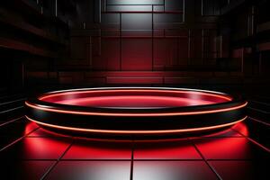 Ai Generated photo red light round podium and black background for mock up realistic image