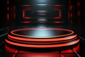 Ai Generated photo red light round podium and black background for mock up realistic image