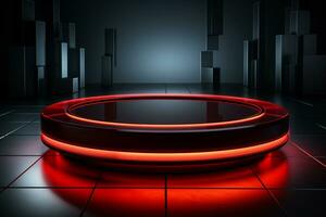 Ai Generated photo red light round podium and black background for mock up realistic image
