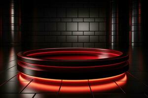 Ai Generated photo red light round podium and black background for mock up realistic image