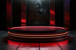 Ai Generated photo red light round podium and black background for mock up realistic image