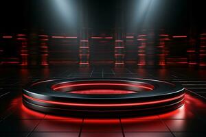 Ai Generated photo red light round podium and black background for mock up realistic image