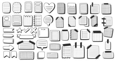 Paper sheets sticker collection in comics style, doodle black and white memo stickers. Creative journaling and note-taking illustration. Hand drawn vector elements set.