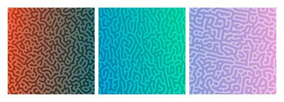 Set of three colorful turing reaction gradient backgrounds. Abstract diffusion pattern with chaotic shapes. Vector illustration.