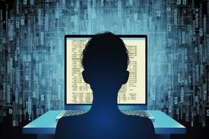 Hacking and malware concept. Silhouette of a man sitting in front of a monitor with a binary code. Generated by artificial intelligence photo