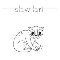 Trace the letters and color slow lori. Handwriting practice for kids. vector