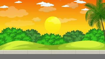 un dibujos animados paisaje con palma arboles y un la carretera video
