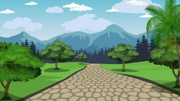 cartoon landscape with a road and trees video