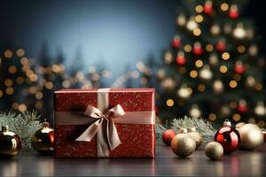 Ai Generative Background of christmas tree and red gift box on a christmas empty background with copy space photo