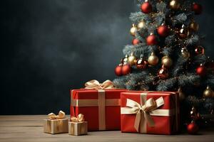 Ai Generative Background of christmas tree and red gift box on a christmas empty background with copy space photo