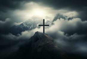 ai generativo un maravilloso paisaje silueta con un crucifijo a sus centro, simbolizando el Resurrección de Jesús y el cristiano fe. el hermosa montaña escenario, el vibrante cielo. foto