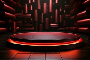 Ai Generated photo red light round podium and black background for mock up realistic image