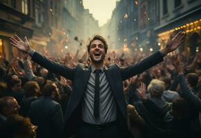 Ai Genetative man in a suit is celebrating success in the street photo