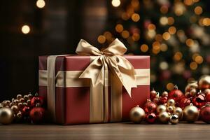 Ai Generative Background of christmas tree and red gift box on a christmas empty background with copy space photo