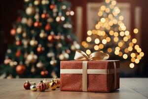 Ai Generative Background of christmas tree and red gift box on a christmas empty background with copy space photo