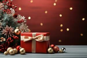 Ai Generative Background of christmas tree and red gift box on a christmas empty background with copy space photo