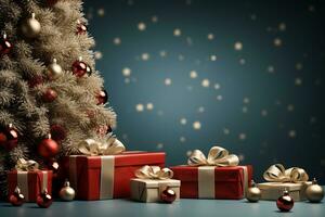 Ai Generative Background of christmas tree and red gift box on a christmas empty background with copy space photo