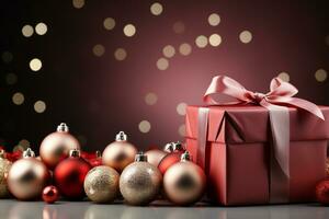 Ai Generative Background of christmas tree and red gift box on a christmas empty background with copy space photo