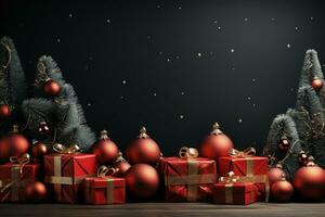 Ai Generative Christmas banner with copy space for text, santa claus celebrate with giftboxes, fir tree branches and red ornaments, dark color background photo