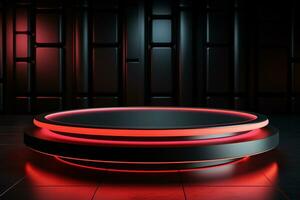 Ai Generated photo red light round podium and black background for mock up realistic image