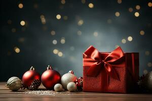 Ai Generative Background of christmas tree and red gift box on a christmas empty background with copy space photo