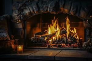 Crackling fireplace casting hygge atmosphere background with empty space for text photo