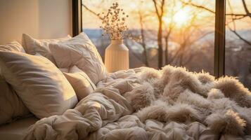 pacífico dormitorio escena con suave pijama y mullido almohadas atractivo dormir foto
